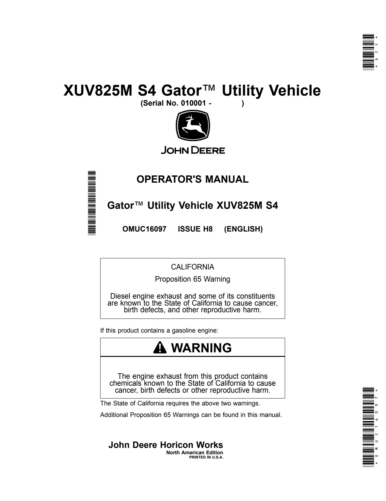 John Deere XUV825M S4 Utility Vehicle Gator Operator Manual OMUC16097 1 John Deere XUV825M S4 Utility Vehicle Gator Operator Manual OMUC16097