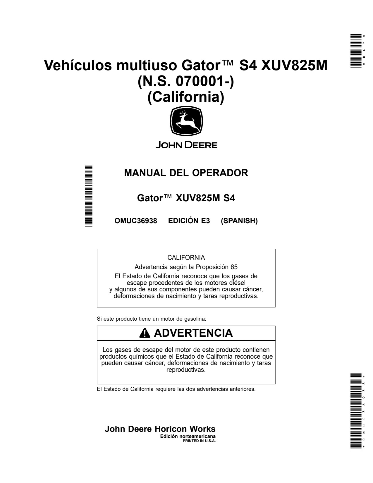 John Deere XUV825M S4 Utility Vehicle Gator Operator Manual OMUC36938 ES 1 John Deere XUV825M S4 Utility Vehicle Gator Operator Manual OMUC36938 ES