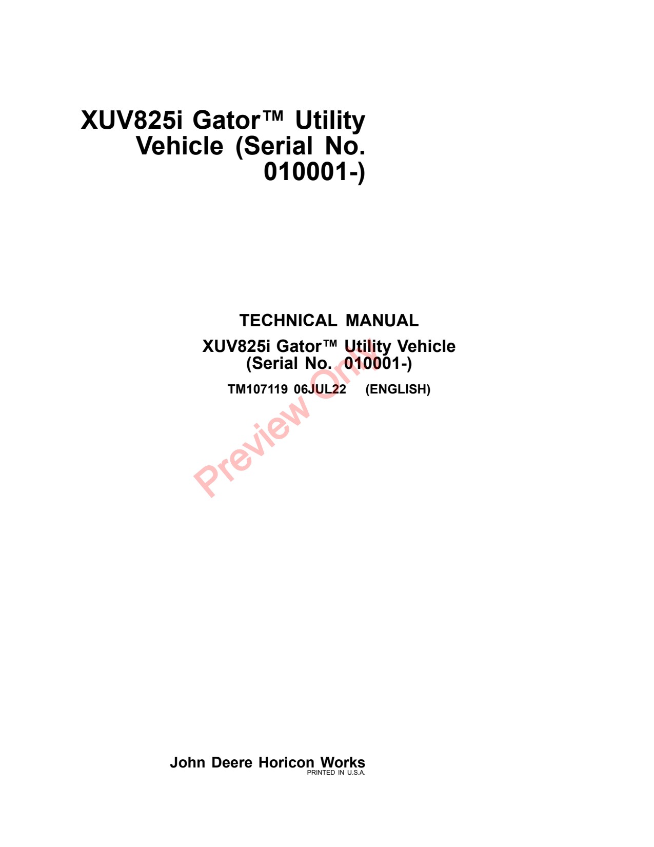 John Deere XUV825i Utility Vehicle Gator Technical Manual TM107119 1 John Deere XUV825i Utility Vehicle Gator Technical Manual TM107119