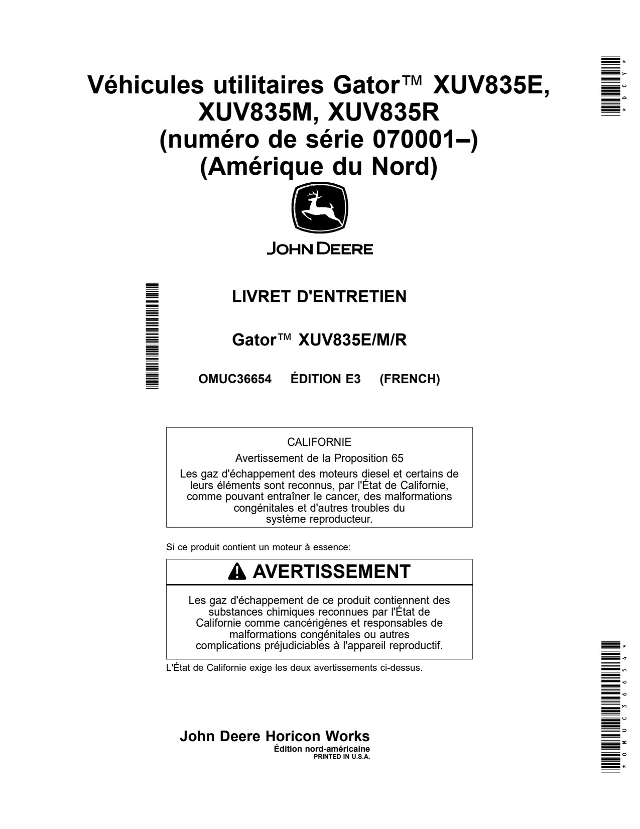 John Deere XUV835E XUV835R XUV835M Utility Vehicle Gator Operator Manual OMUC36654 FR 1 John Deere XUV835E XUV835R XUV835M Utility Vehicle Gator Operator Manual OMUC36654 FR