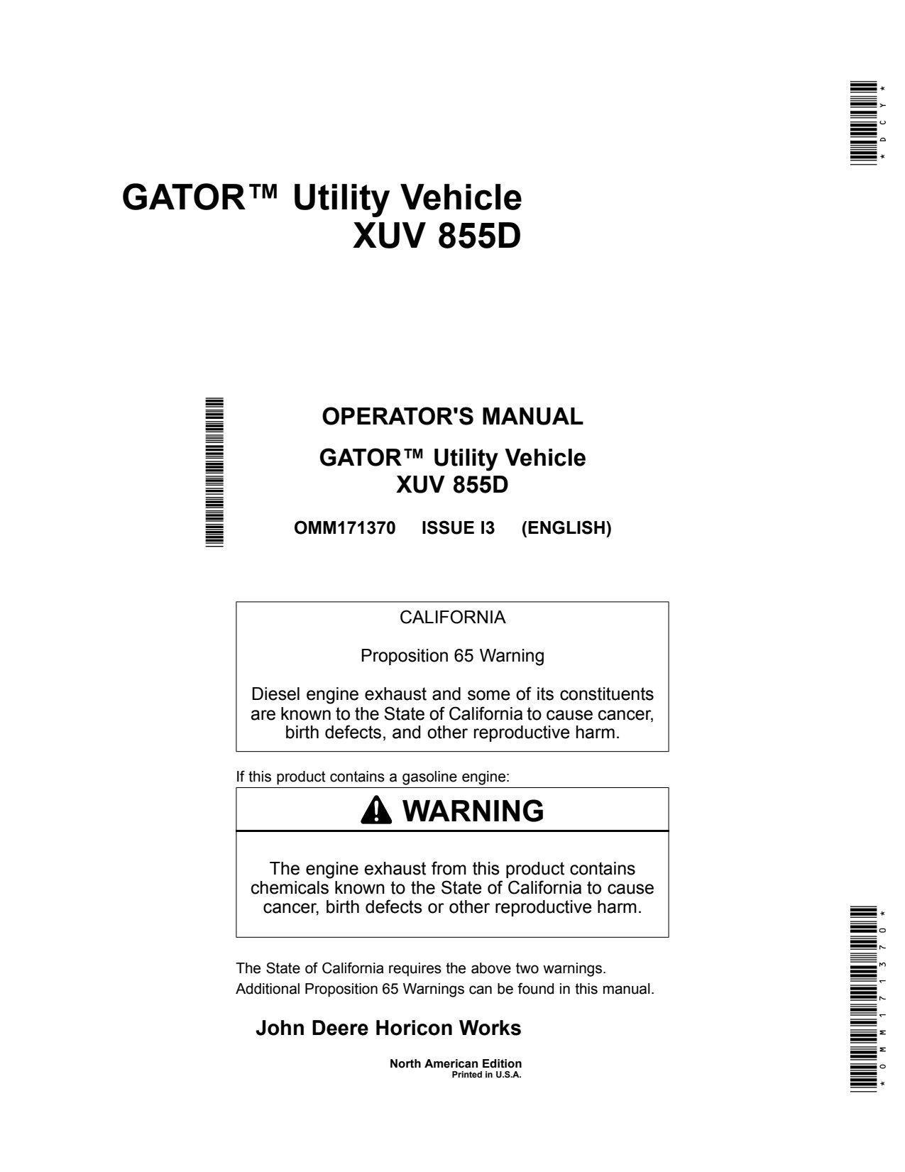 John Deere XUV855D Gator 855D Utility Vehicle Gator Operator Manual OMM171370 1 John Deere XUV855D Gator 855D Utility Vehicle Gator Operator Manual OMM171370