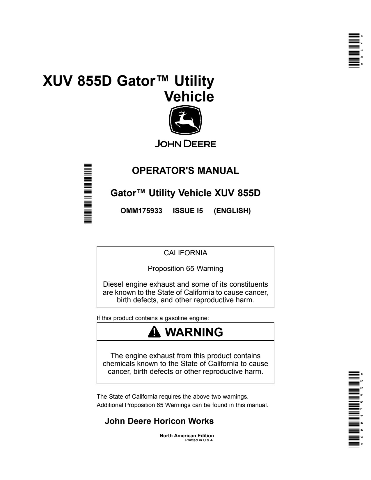 John Deere XUV855D Gator 855D Utility Vehicle Gator Operator Manual OMM175933 1 John Deere XUV855D Gator 855D Utility Vehicle Gator Operator Manual OMM175933