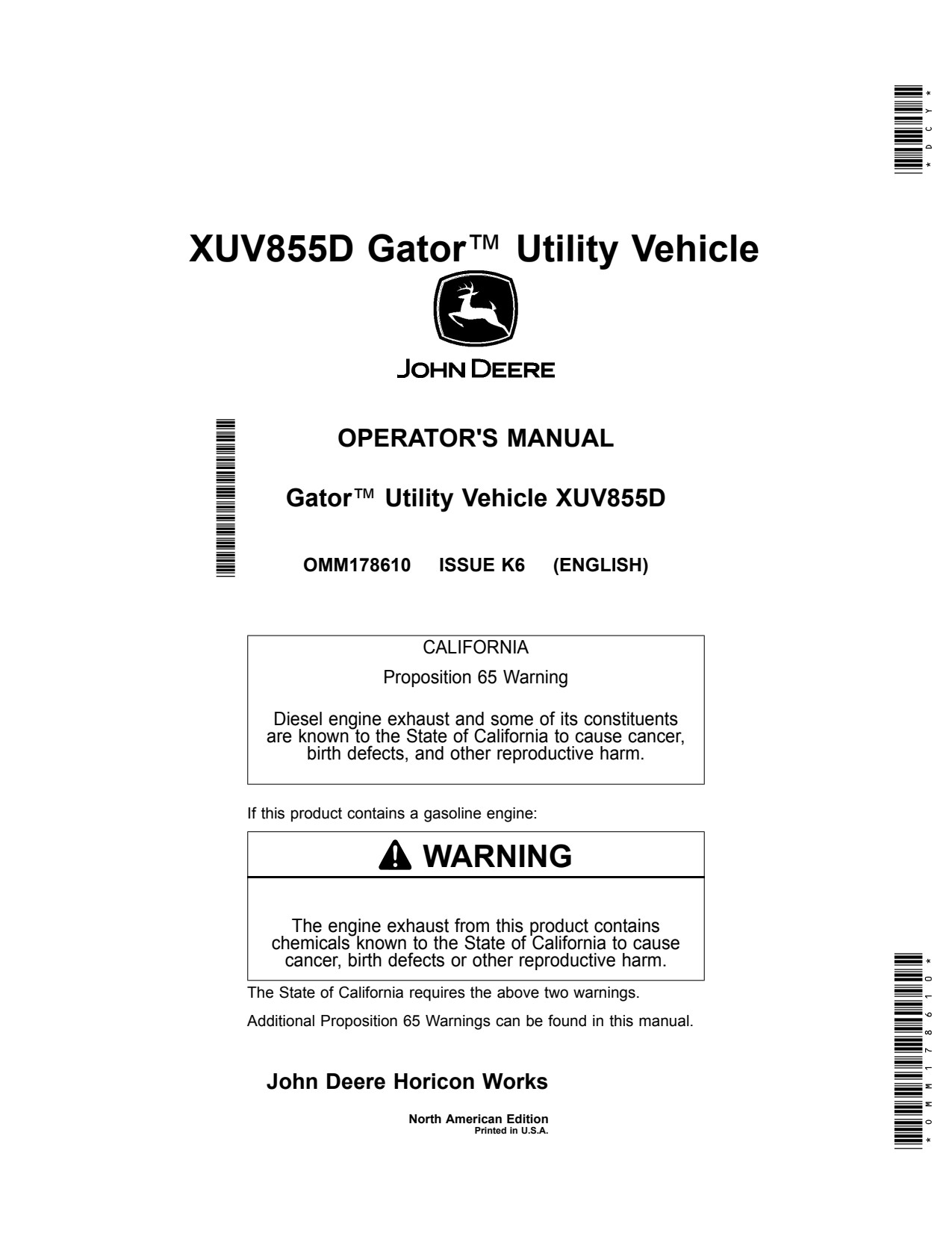 John Deere XUV855D Gator Utility Vehicle Gator Operator Manual OMM178610 1 John Deere XUV855D Gator Utility Vehicle Gator Operator Manual OMM178610