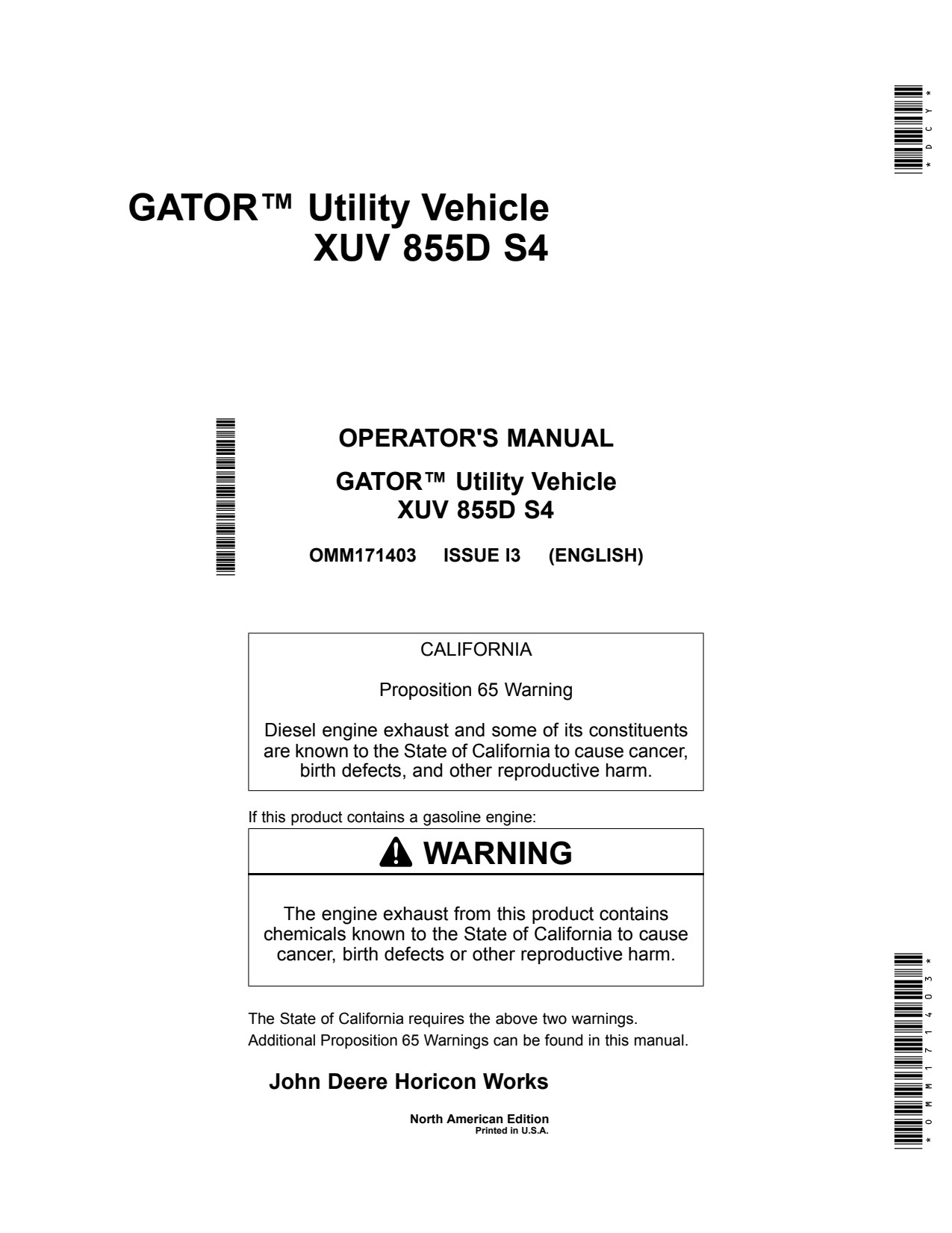John Deere XUV855D S4 Gator 855D Utility Vehicle Gator Operator Manual OMM171403 1 John Deere XUV855D S4 Gator 855D Utility Vehicle Gator Operator Manual OMM171403