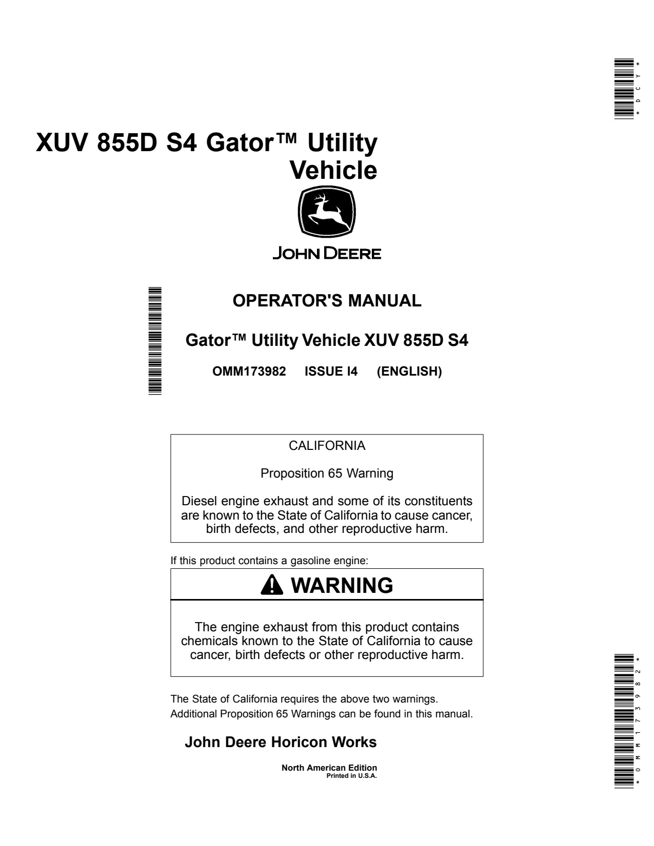 John Deere XUV855D S4 Gator 855D Utility Vehicle Gator Operator Manual OMM173982 1 John Deere XUV855D S4 Gator 855D Utility Vehicle Gator Operator Manual OMM173982