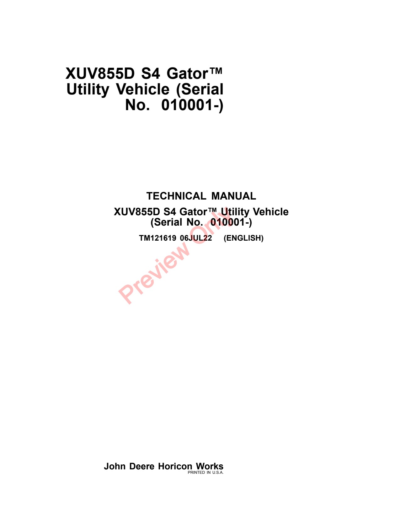John Deere XUV855D S4 Utility Vehicle Gator Technical Manual TM121619 1 John Deere XUV855D S4 Utility Vehicle Gator Technical Manual TM121619