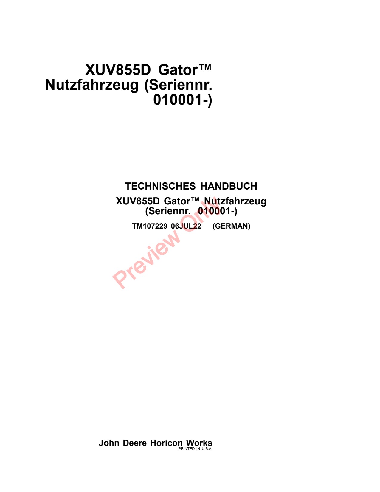 John Deere XUV855D Utility Vehicle Gator Technical Manual TM107229 DE 1 John Deere XUV855D Utility Vehicle Gator Technical Manual TM107229 DE