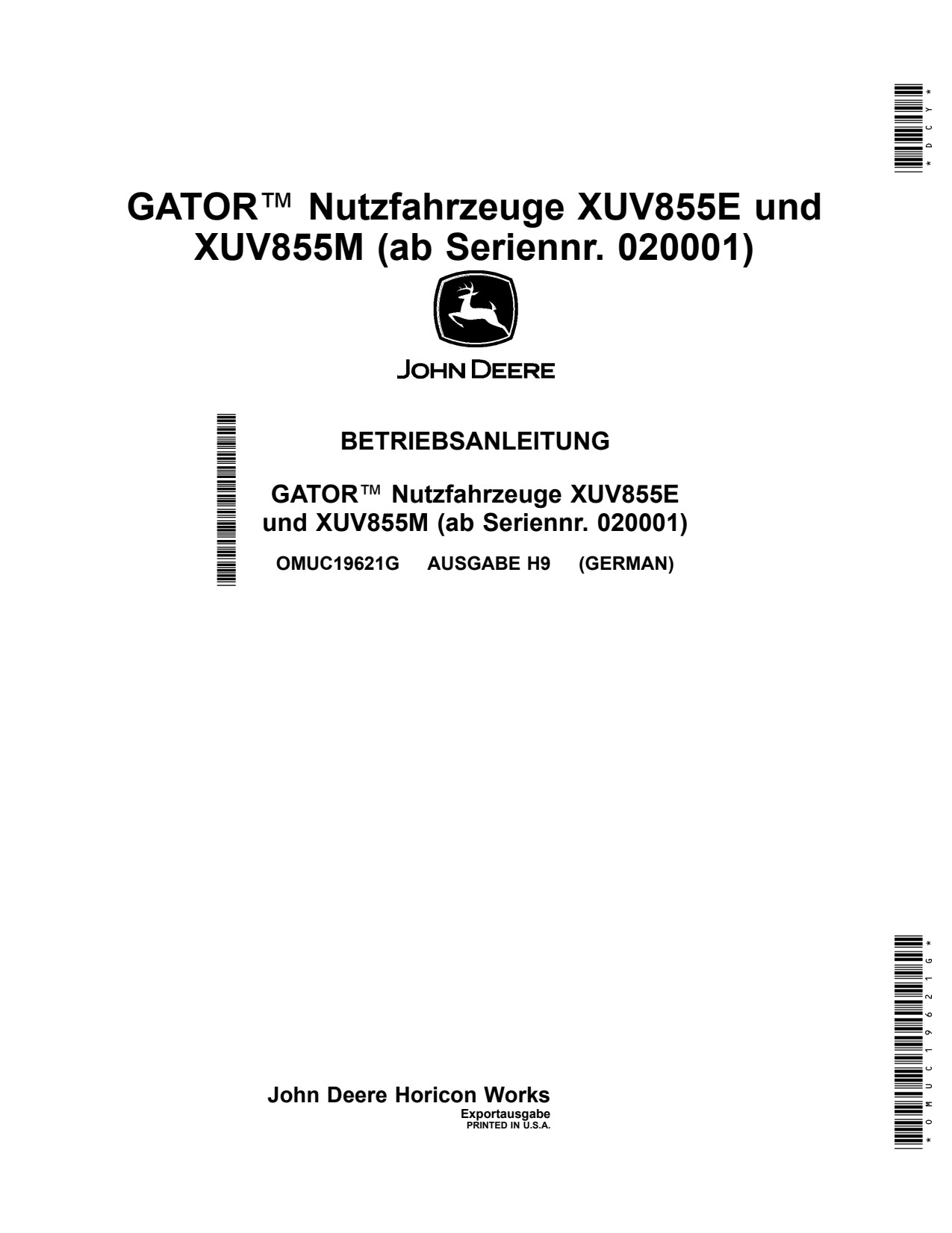 John Deere XUV855E XUV855M Utility Vehicle Gator Operator Manual OMUC19621G DE 1 John Deere XUV855E XUV855M Utility Vehicle Gator Operator Manual OMUC19621G DE