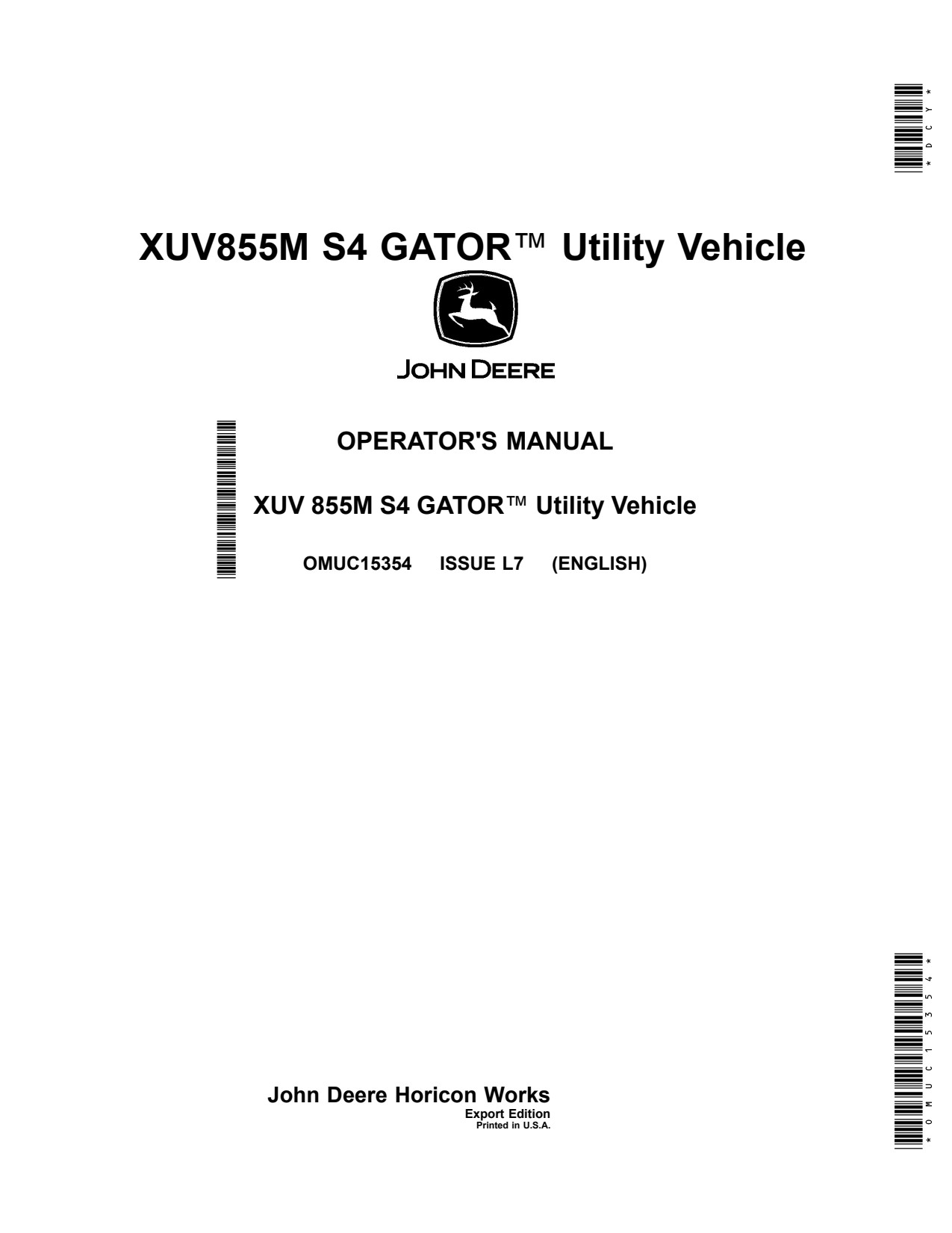 John Deere XUV855M S4 Utility Vehicle Gator Operator Manual OMUC15354 1 John Deere XUV855M S4 Utility Vehicle Gator Operator Manual OMUC15354