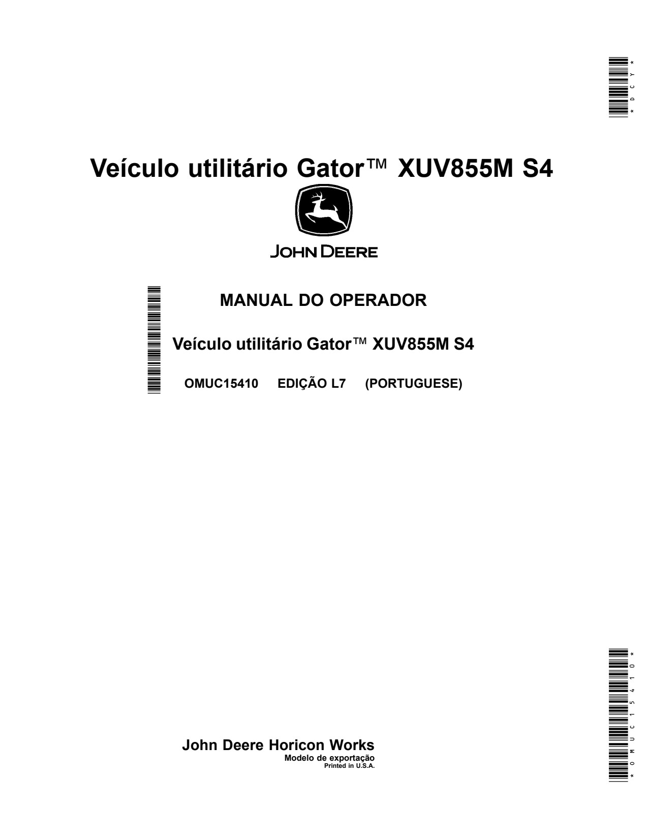 John Deere XUV855M S4 Utility Vehicle Gator Operator Manual OMUC15410 PT 1 John Deere XUV855M S4 Utility Vehicle Gator Operator Manual OMUC15410 PT
