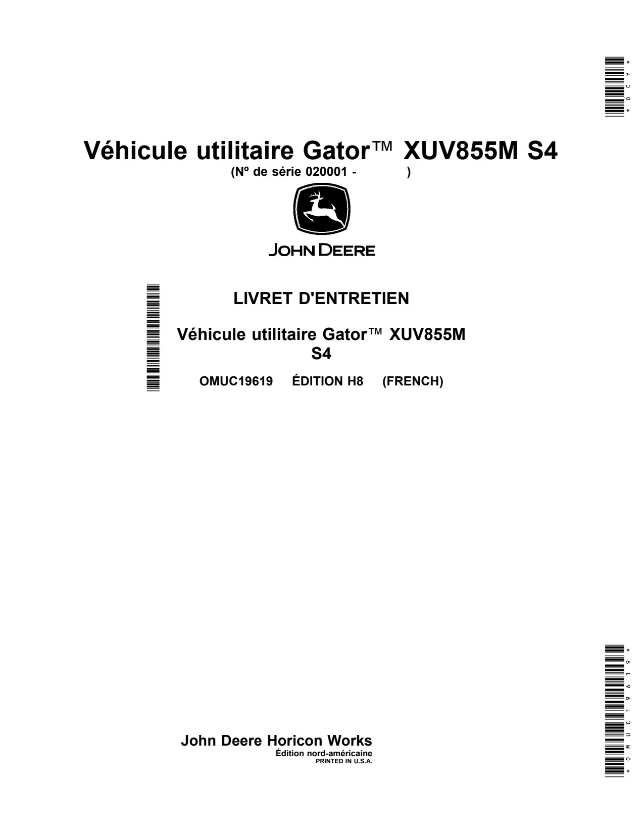 John Deere XUV855M S4 Utility Vehicle Gator Operator Manual OMUC19619 FR 1 John Deere XUV855M S4 Utility Vehicle Gator Operator Manual OMUC19619 FR