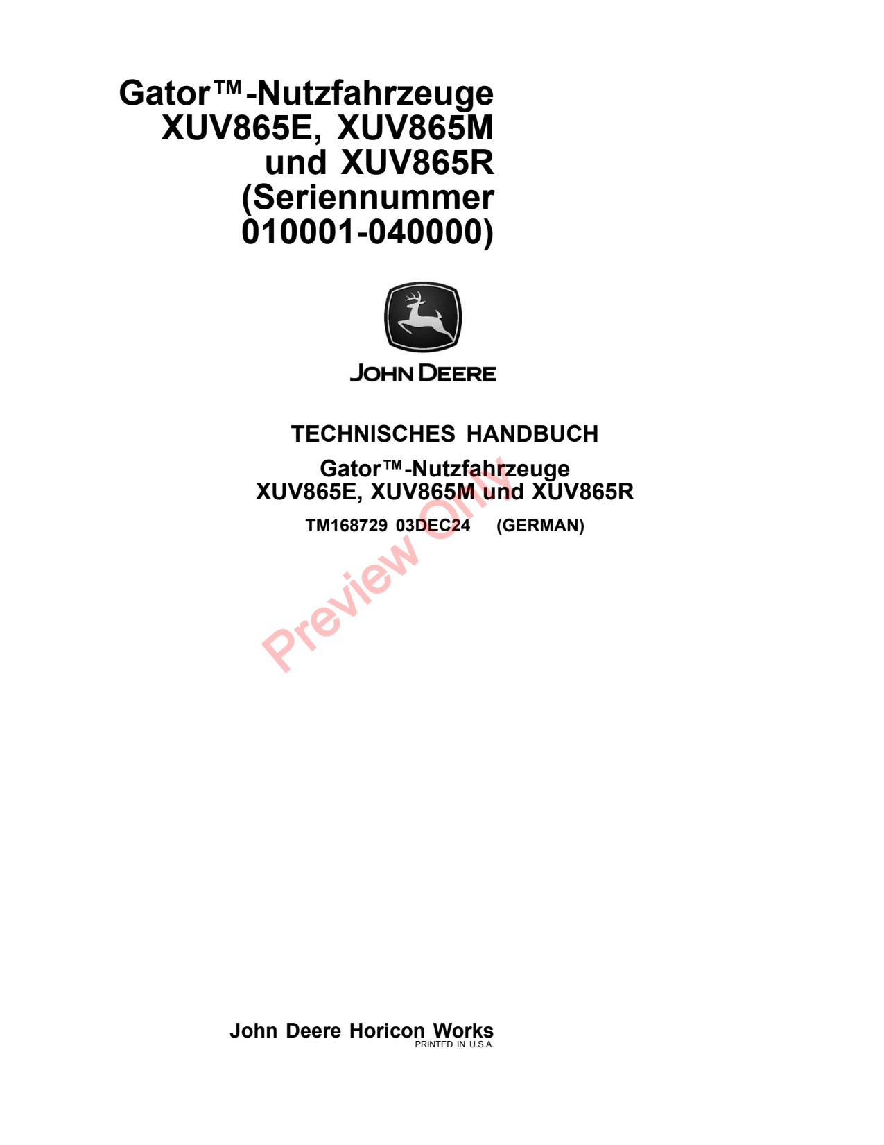 John Deere XUV865E XUV865R XUV865M Utility Vehicle Gator Technical Manual TM168729 DE 1 John Deere XUV865E XUV865R XUV865M Utility Vehicle Gator Technical Manual TM168729 DE