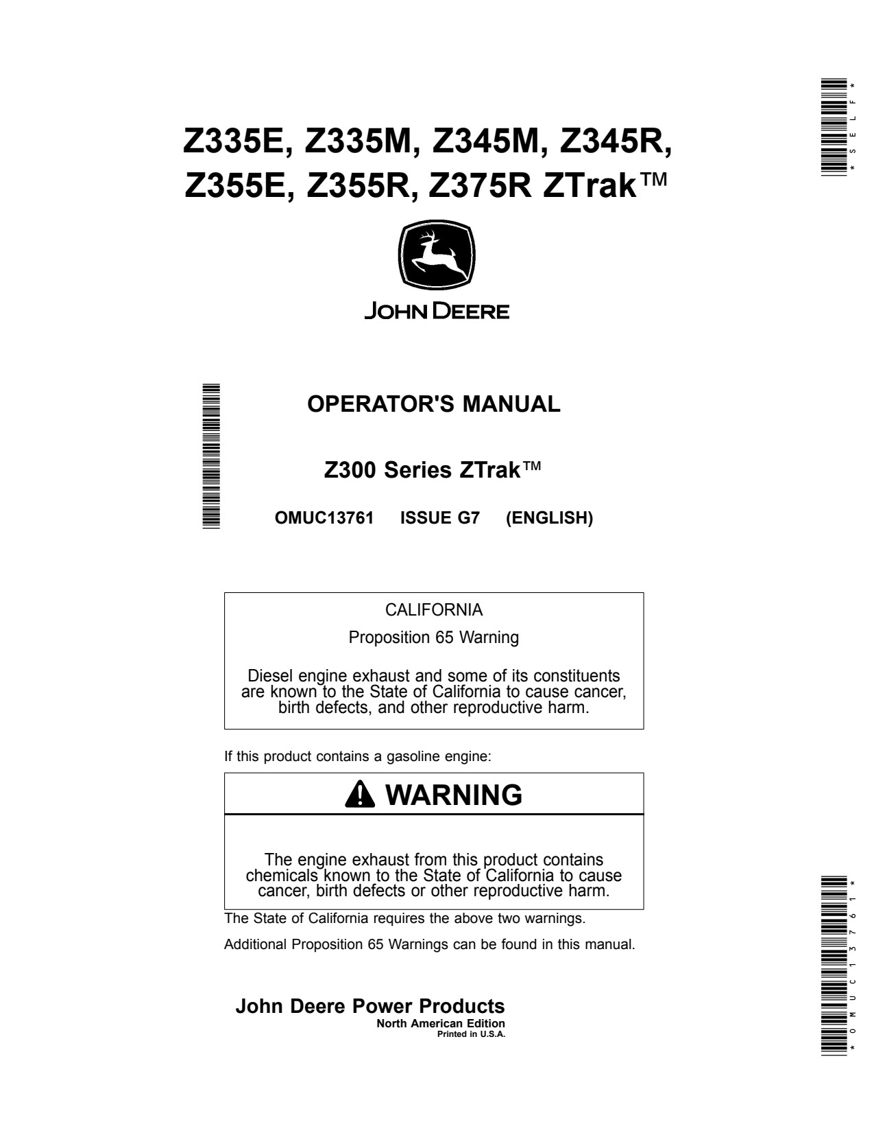 John Deere Z335E Z335M Z345M Z345R Z355E Z355R Z375R Zero-Turn Mower Operator Manual OMUC13761 1 John Deere Z335E Z335M Z345M Z345R Z355E Z355R Z375R Zero-Turn Mower Operator Manual OMUC13761