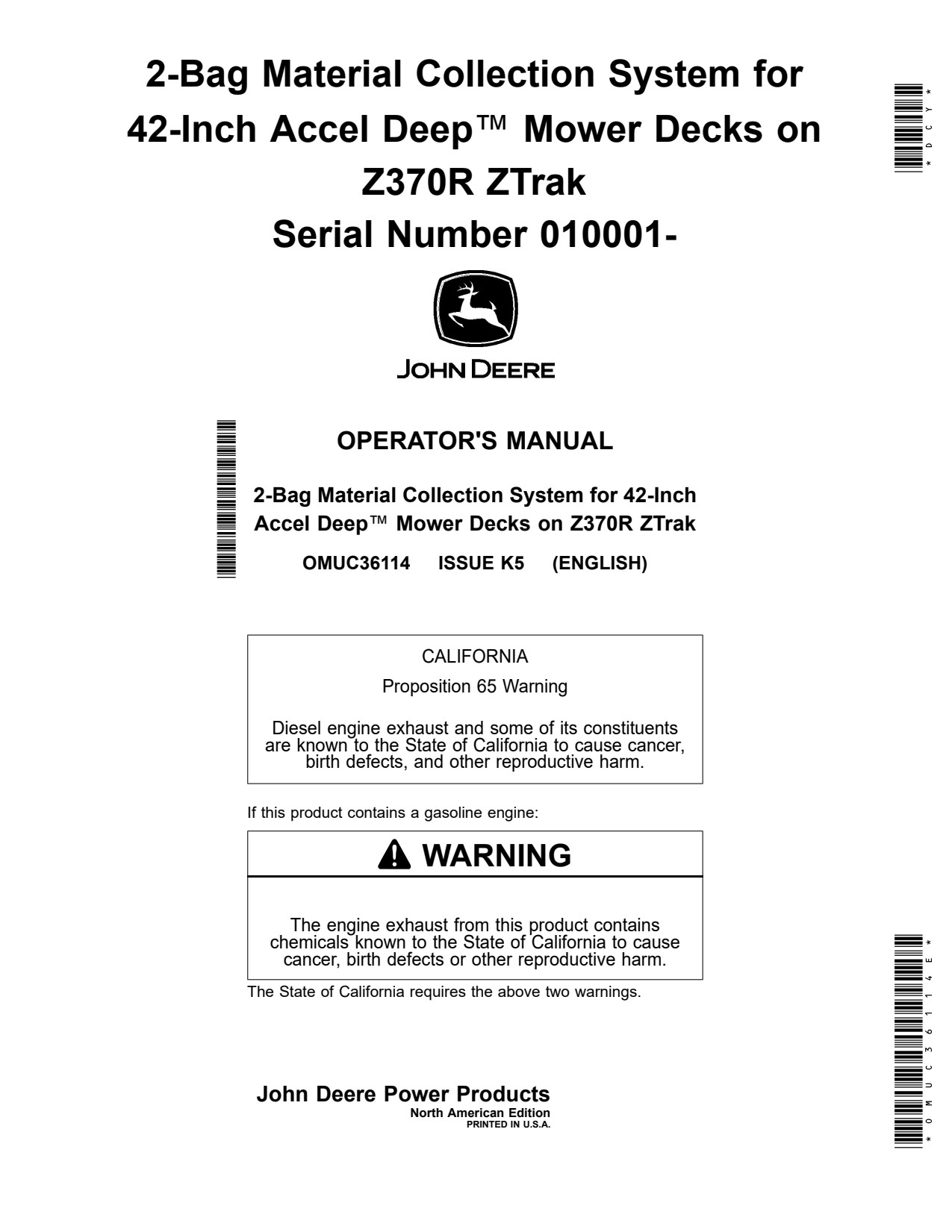 John Deere Z370R Electric 42 Zero-Turn Mower Operator Manual OMUC36114E 1 John Deere Z370R Electric 42 Zero-Turn Mower Operator Manual OMUC36114E