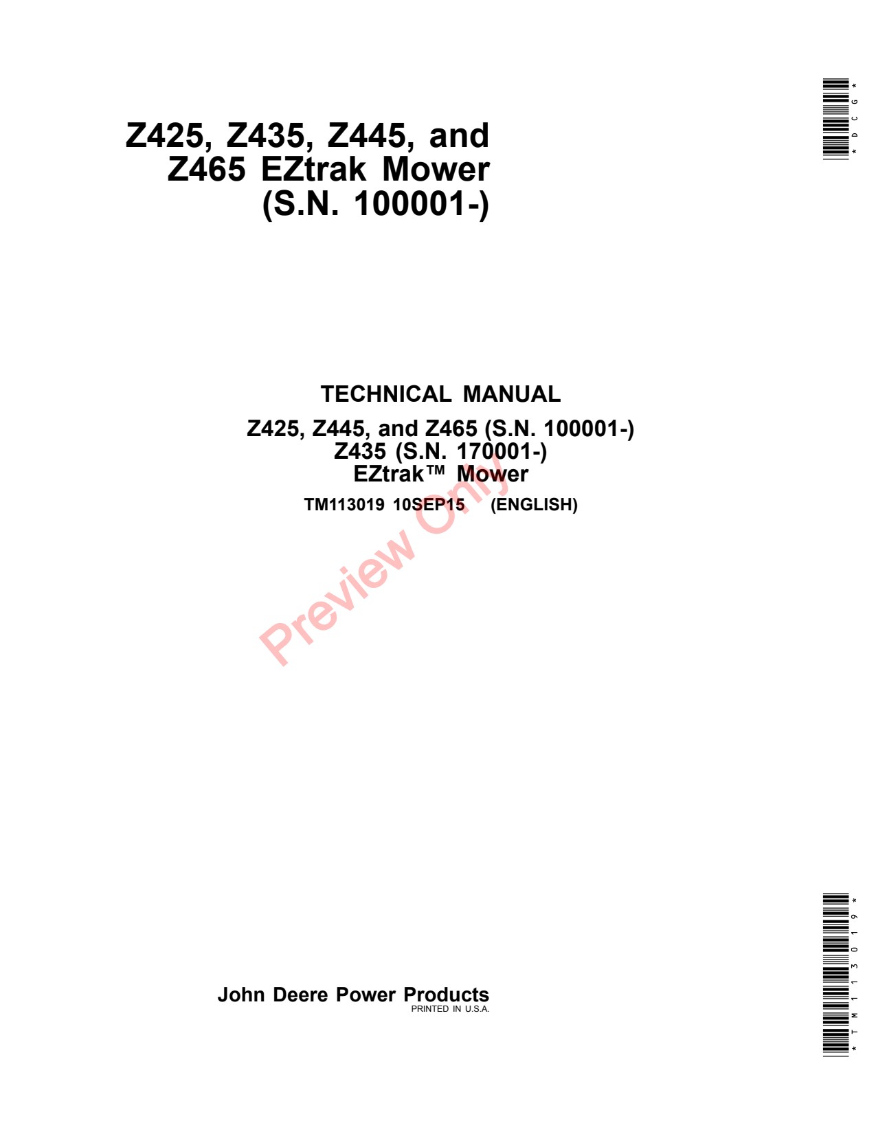 John Deere Z425 to Z465 Z435 Eztrak Mower Technical Manual TM113019 1 John Deere Z425 to Z465 Z435 Eztrak Mower Technical Manual TM113019