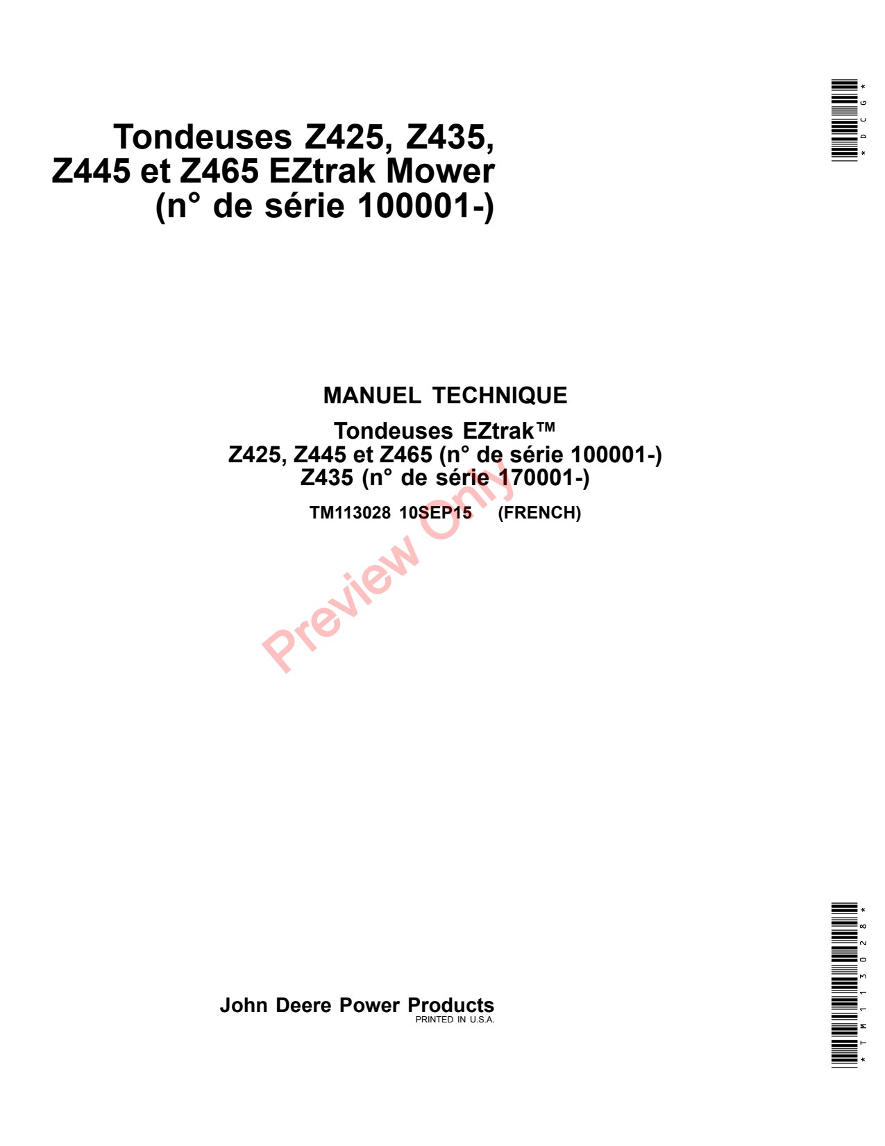 John Deere Z425 to Z465 Z435 Eztrak Mower Technical Manual TM113028 FR 1 John Deere Z425 to Z465 Z435 Eztrak Mower Technical Manual TM113028 FR