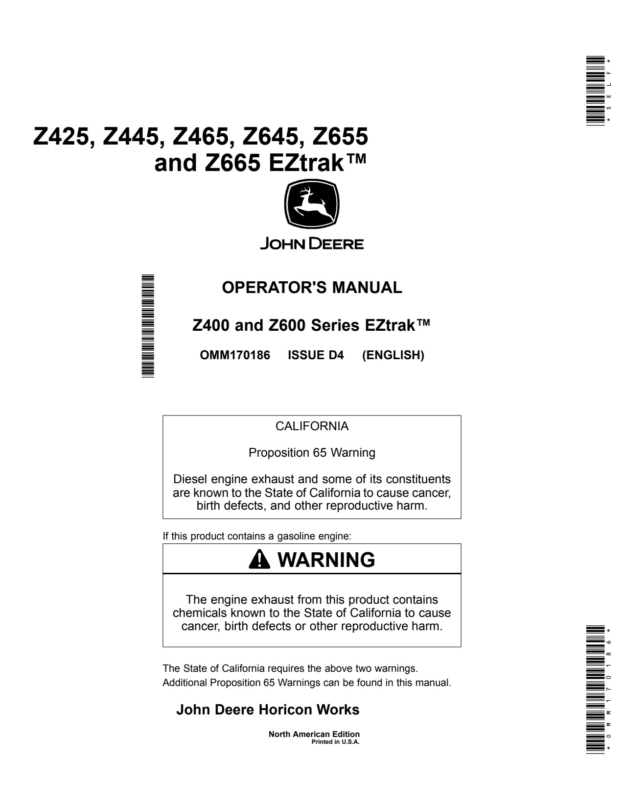 John Deere Z425 to Z465 Z645 Z665 Eztrak Zero-Turn Mower Operator Manual OMM170186 1 John Deere Z425 to Z465 Z645 Z665 Eztrak Zero-Turn Mower Operator Manual OMM170186