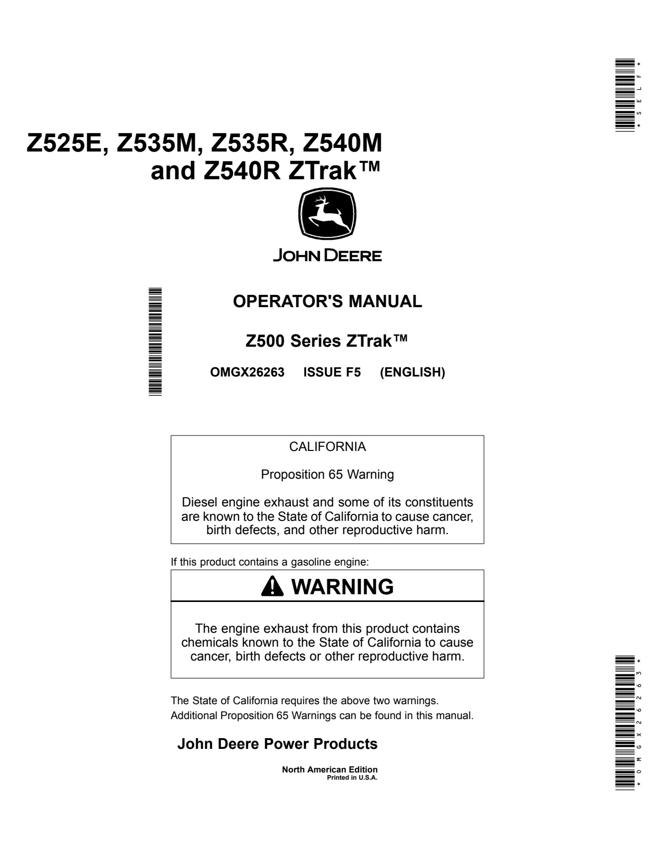 John Deere Z525E ZTrak Z535M Z540R Z535R Z540M Zero-Turn Mower Operator Manual OMGX26263 1 John Deere Z525E ZTrak Z535M Z540R Z535R Z540M Zero-Turn Mower Operator Manual OMGX26263