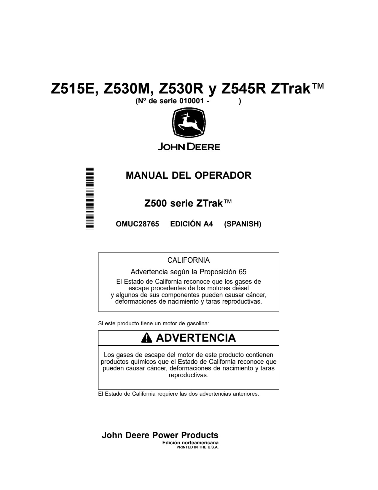 John Deere Z530R Z530M Z515E Z545R Residential Zero-Turn Mower Operator Manual OMUC28765 ES 1 John Deere Z530R Z530M Z515E Z545R Residential Zero-Turn Mower Operator Manual OMUC28765 ES