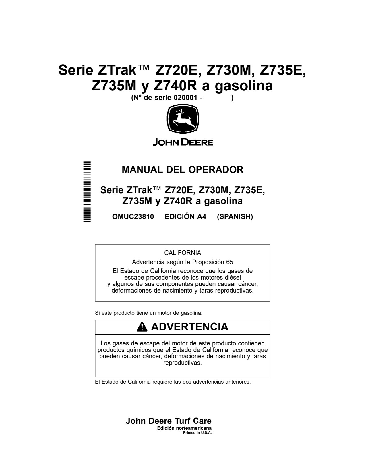 John Deere Z720E Z730M Z735E Z735M Z740R ZTrak Zero-Turn Mower Operator Manual OMUC23810 ES 1 John Deere Z720E Z730M Z735E Z735M Z740R ZTrak Zero-Turn Mower Operator Manual OMUC23810 ES