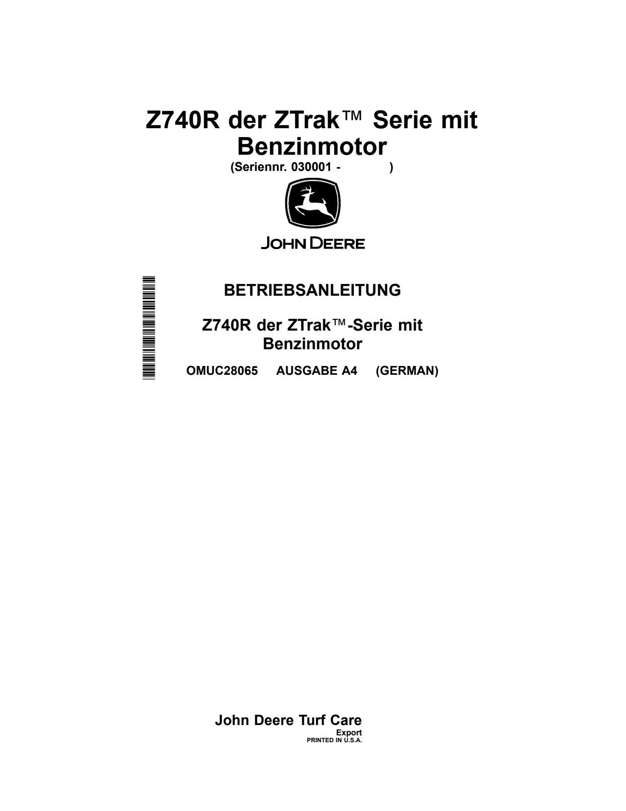 John Deere Z740R Zero-Turn Mower Operator Manual OMUC28065 DE 1 John Deere Z740R Zero-Turn Mower Operator Manual OMUC28065 DE