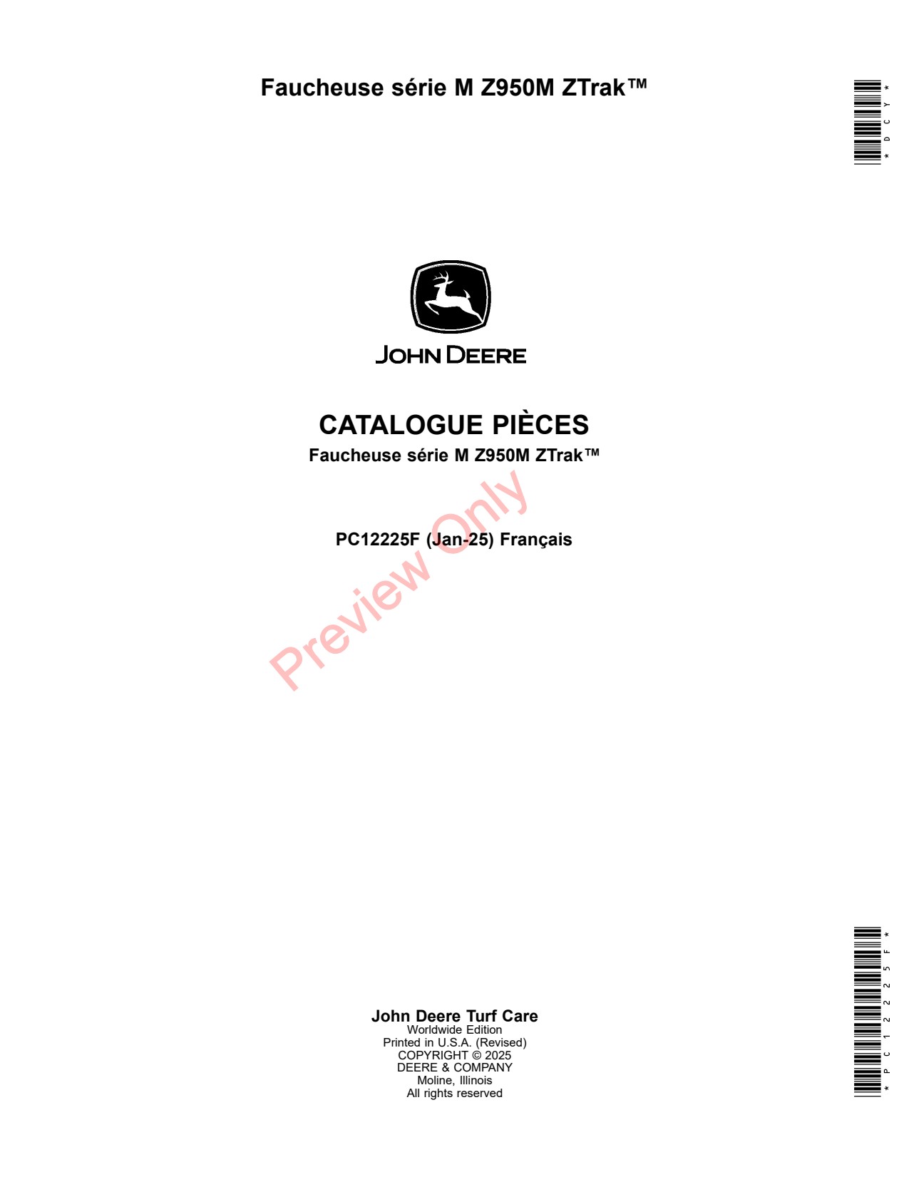 John Deere Z950M Zero-Turn Mower Parts Catalog PC12225F FR