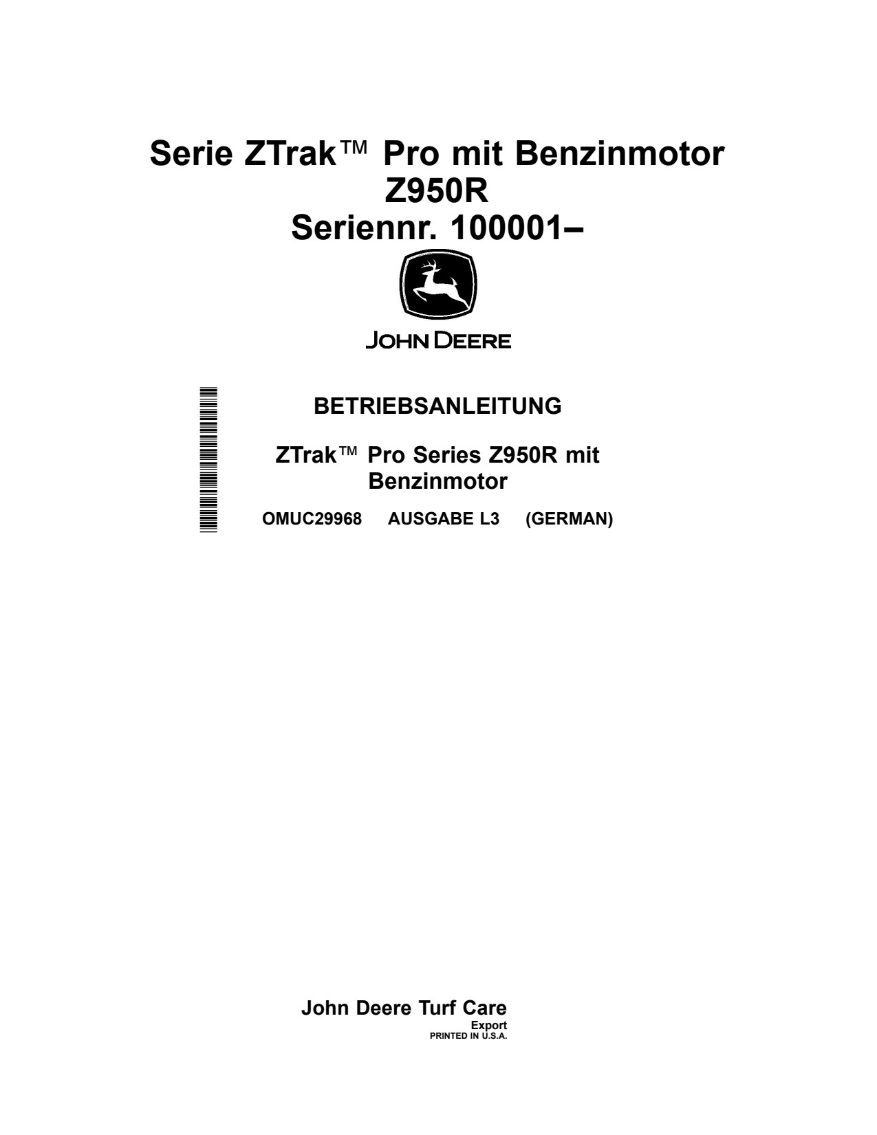 John Deere Z950R Zero-Turn Mower Operator Manual OMUC29968 DE 1 John Deere Z950R Zero-Turn Mower Operator Manual OMUC29968 DE