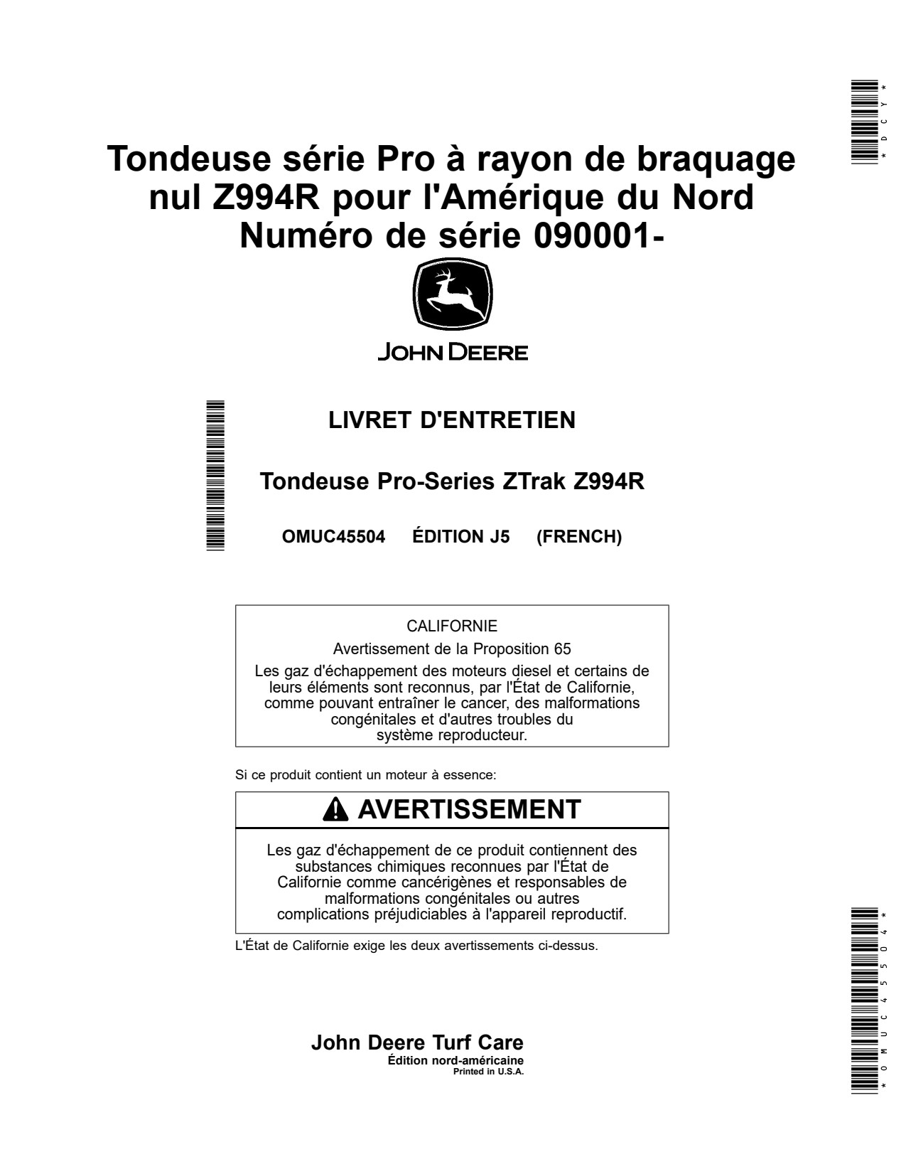 John Deere Z994R Zero-Turn Mower Operator Manual OMUC45504 FR