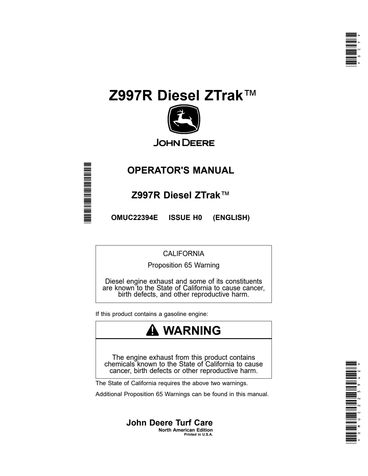 John Deere Z997R Diesel Zero-Turn Mower Operator Manual OMUC22394E 1 John Deere Z997R Diesel Zero-Turn Mower Operator Manual OMUC22394E