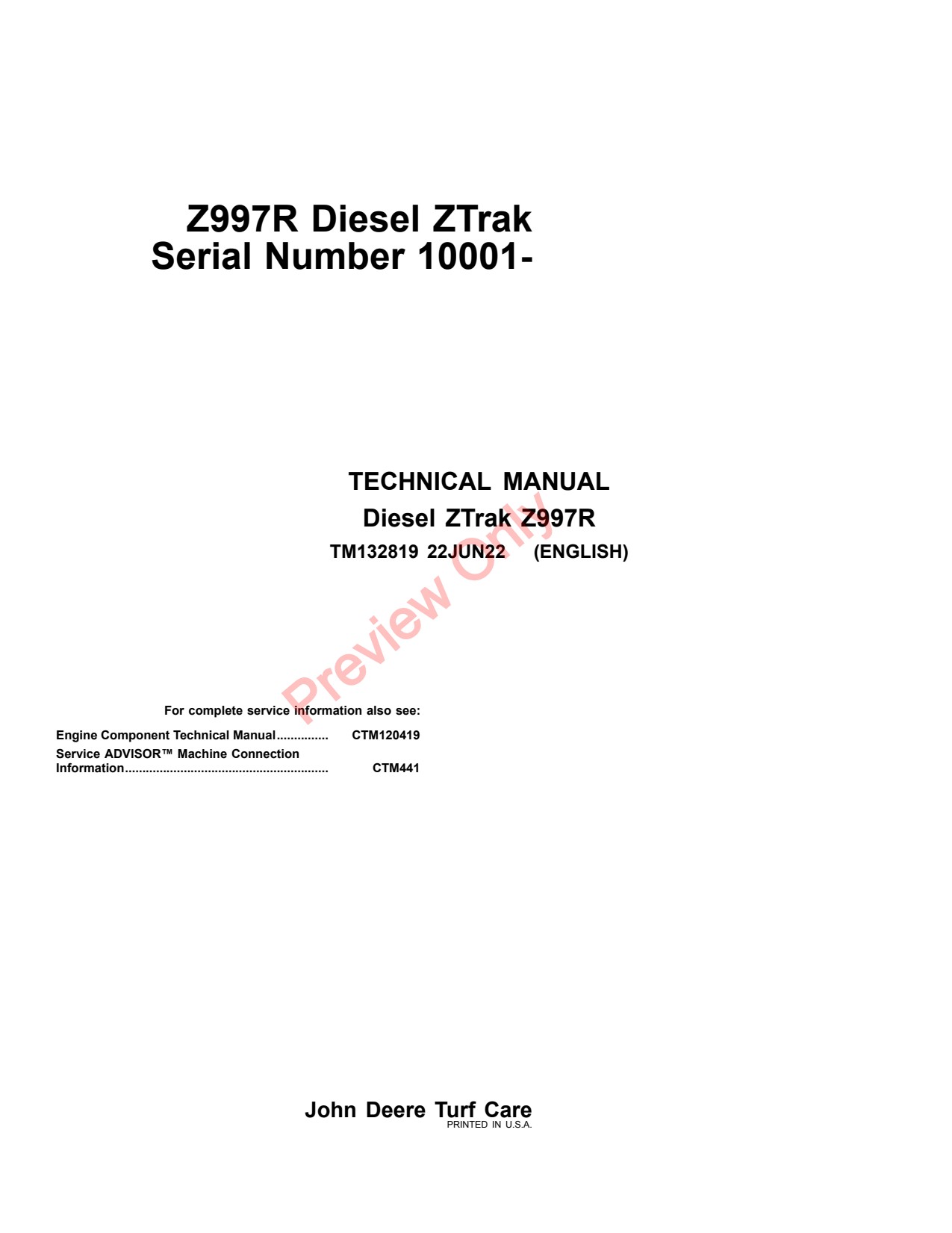John Deere Z997R Diesel Zero-Turn Mower Technical Manual TM132819 1 John Deere Z997R Diesel Zero-Turn Mower Technical Manual TM132819